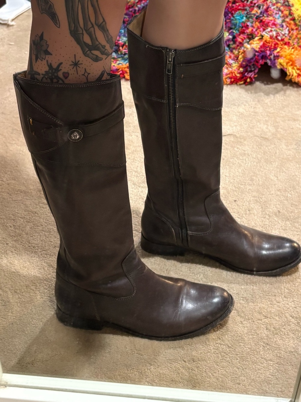 Frye Dark Brown Leather Knee-High Zip Riding Boots
